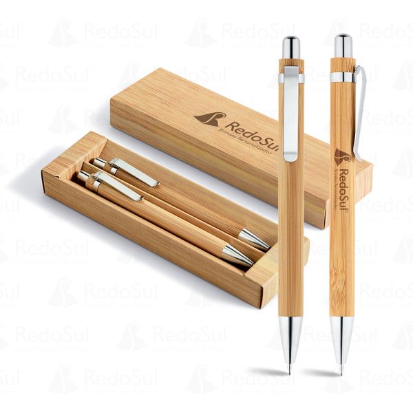 Conjunto de caneta e lapiseira de bambu personalizados